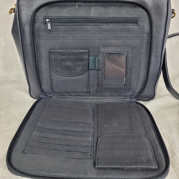 Navy blue shoulder bag long strap short handle satchel gold accents grandma chic - Picture 4 of 11